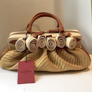 Valentino Leather Trimmed Straw Fleur Satchel
